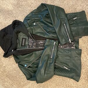 GUESS women’s Dark Green Leather Bomber Jacket with removable hood